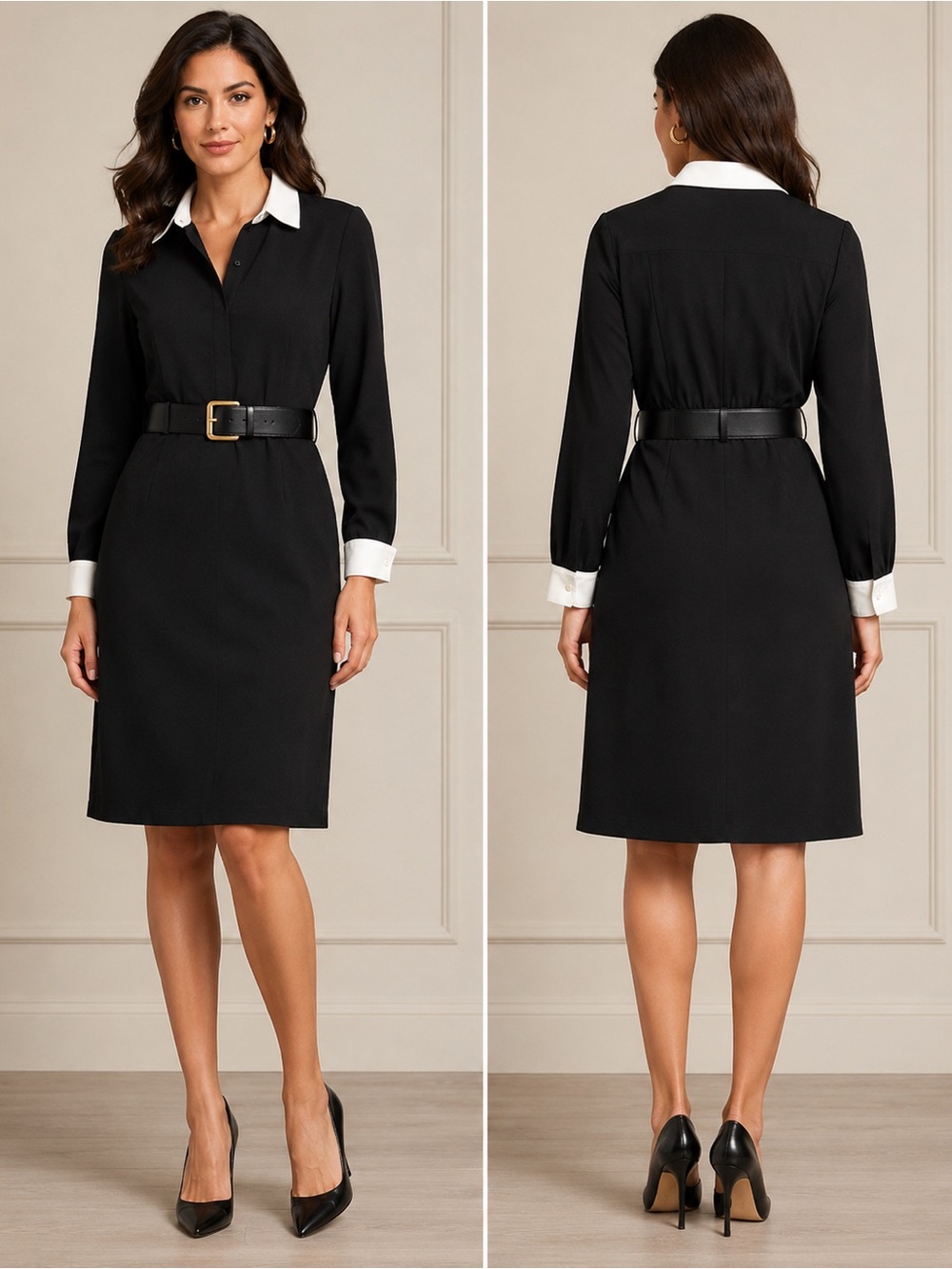 NWT Ann Taylor Black  Long-Sleeve Shirt-Collar Dress with White Collar & Cuffs - Picture 3 of 9